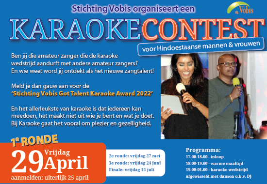 Karaoke contest voor Hindoestaanse mannen en vrouwen ‘Stichting Vobis Got Talent Karaoke Award 2022’.